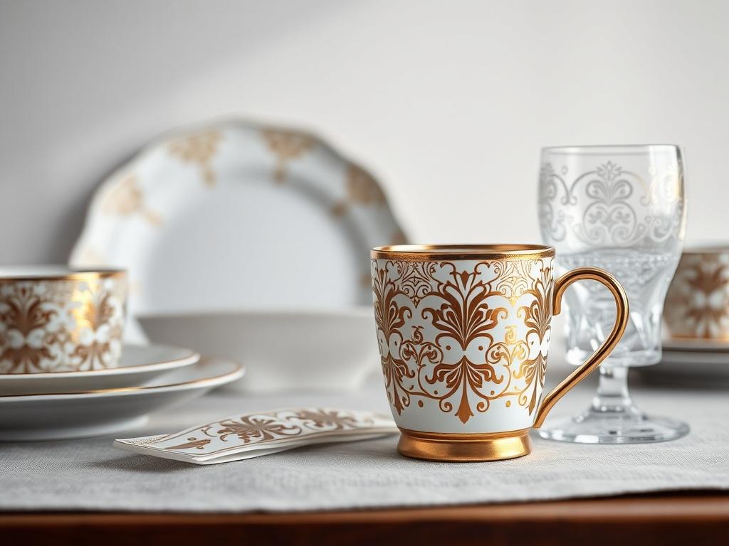 A close-up shot of a beautifully designed custom tableware set, featuring a plate, mug, and glassware with intricate patterns. The setting includes soft lighting that highlights the elegance of the pieces, with a simple, clean background that emphasizes the tableware's details. The image should be rendered in high-resolution, focusing on the textures and colors of the tableware, compatible with the #FF6E4E primary color.