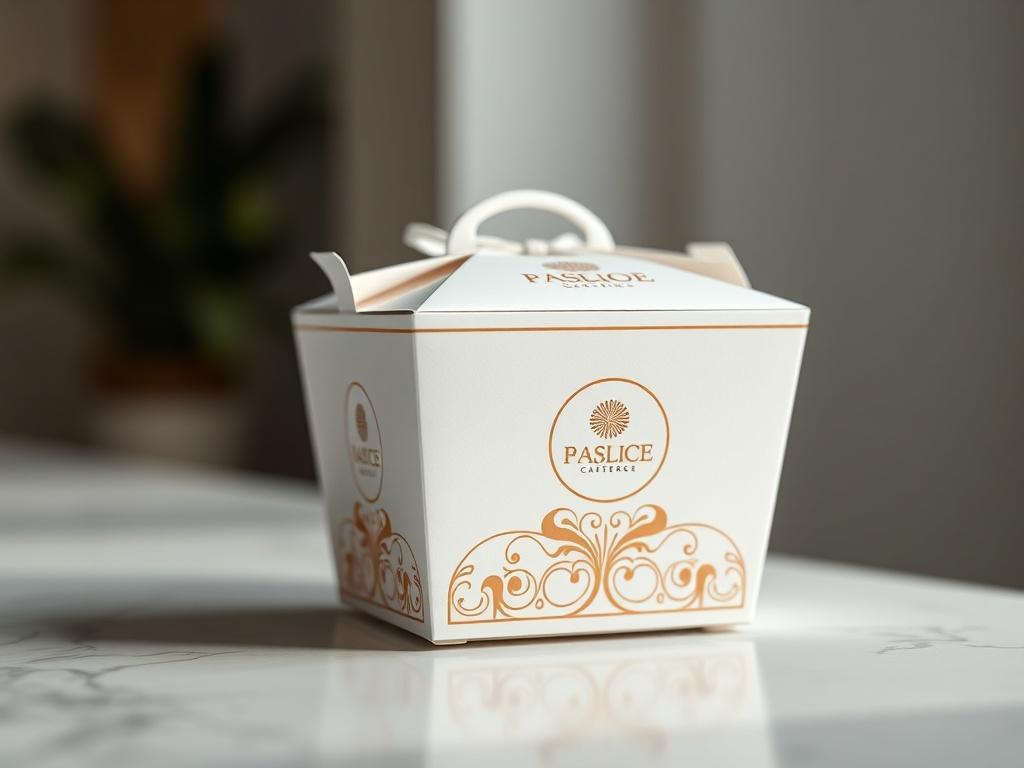 A close-up shot of elegantly designed custom packaging, featuring a beautifully crafted takeout box with a logo and decorative elements. The packaging is displayed on a smooth surface with soft lighting that accentuates its design. The background should be simple and clean, drawing focus to the details of the packaging, rendered in high-resolution and compatible with the #FF6E4E primary color.