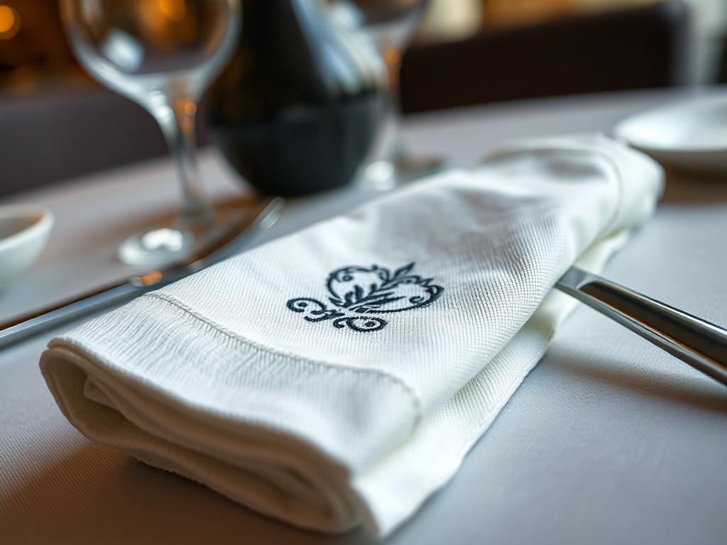 A close-up shot of a personalized napkin featuring an elegant logo embroidered on a soft fabric. The napkin is neatly folded, placed on a stylish dining table setting with subtle lighting highlighting its texture. The background should be simple and unobtrusive, focusing on the details of the napkin design, rendered in high-resolution and compatible with the #FF6E4E primary color.