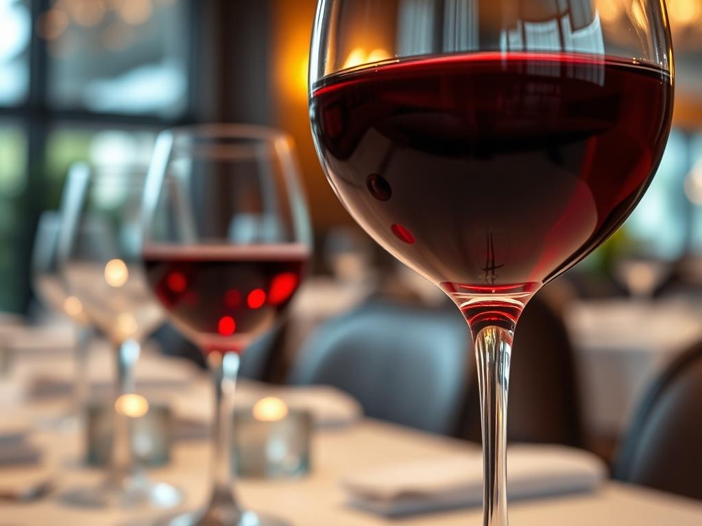A close-up image of an elegant wine glass filled with a rich red wine. The glass should have intricate details and a polished finish, set against a softly lit restaurant background with a hint of table decor to evoke a fine dining experience.
