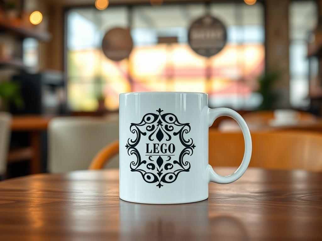 A close-up shot of a custom mug, featuring an elegant design with a logo and vibrant colors. The mug should be placed on a stylish wooden table with soft lighting, showcasing the details of the mug's surface. The background should be a cozy café setting with blurred elements to provide context without distraction.