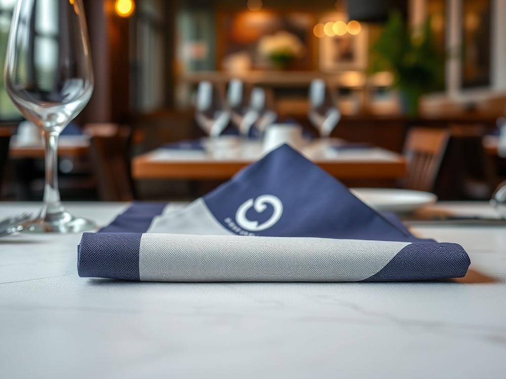A close-up shot of custom fabric napkins elegantly folded on a restaurant table. The napkins should feature a distinct logo and color scheme, with a blurred background of dining settings to create a warm, inviting atmosphere.