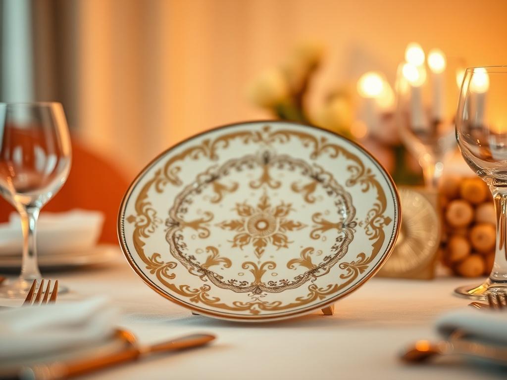 Create a realistic high-resolution photo that vividly captures the essence of the blog titled "Elevating Dining Experiences with Custom Tableware." Focus on a beautifully crafted, bespoke dinner plate elegantly centered in the composition. The plate should display intricate, eye-catching designs that reflect a high level of craftsmanship and personalization.

Ensure the background is soft and blurred, emphasizing the plate as the only subject. Use warm, inviting tones that harmonize with the #FF6E4E color p