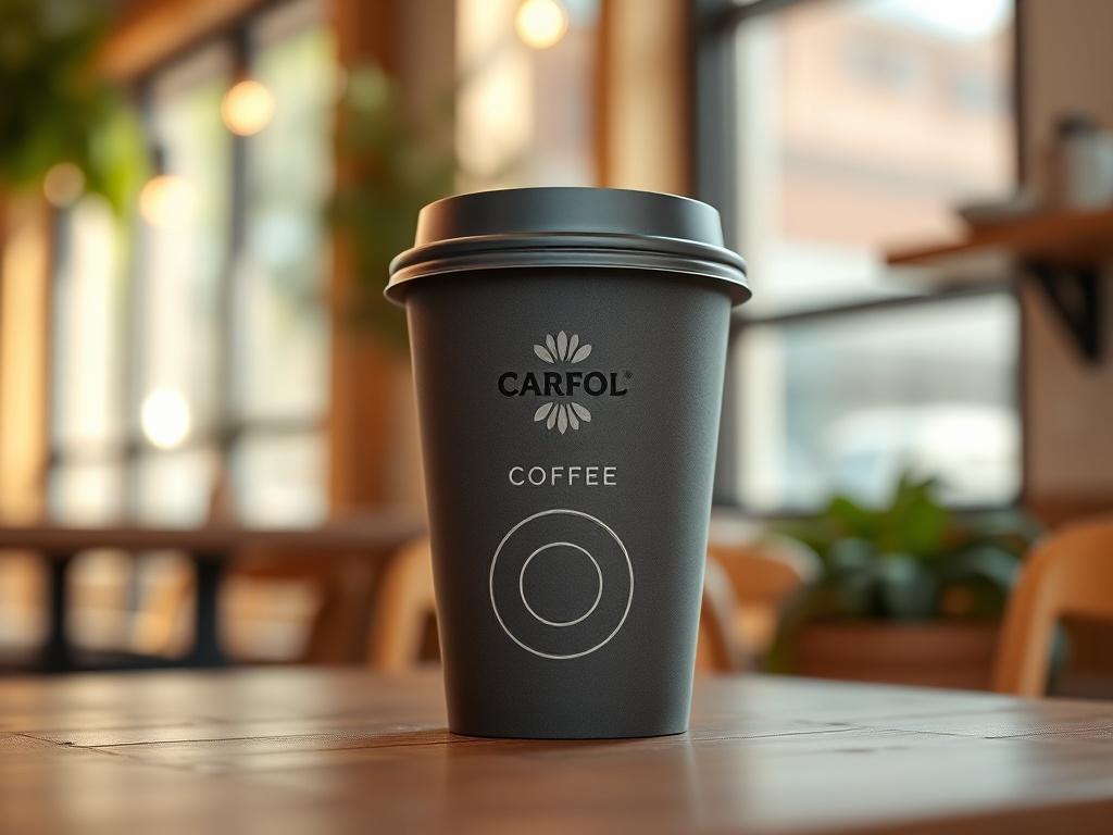 A hyper-realistic close-up shot of a to-go coffee cup. The cup is made of biodegradable material with a sleek, modern design. It features a minimalist logo that reflects a chic coffee brand. The background is softly blurred with a hint of a café setting, showcasing warm wooden textures and natural light filtering through a window, creating an inviting atmosphere. The focus is solely on the coffee cup, emphasizing its elegance and eco-friendly appeal.