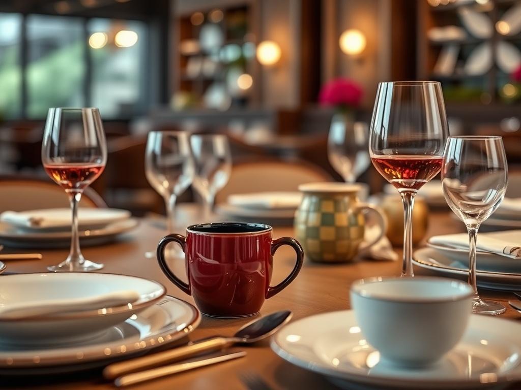 A beautifully arranged dining table featuring custom-designed tableware, including elegant plates, mugs, and glassware. The focus is on the intricate details of the tableware, showcasing premium materials and vibrant colors. Soft, ambient lighting enhances the elegance of the setting, with a blurred background of a cozy restaurant atmosphere. The image should evoke a sense of warmth and sophistication, highlighting the craftsmanship of the bespoke items.