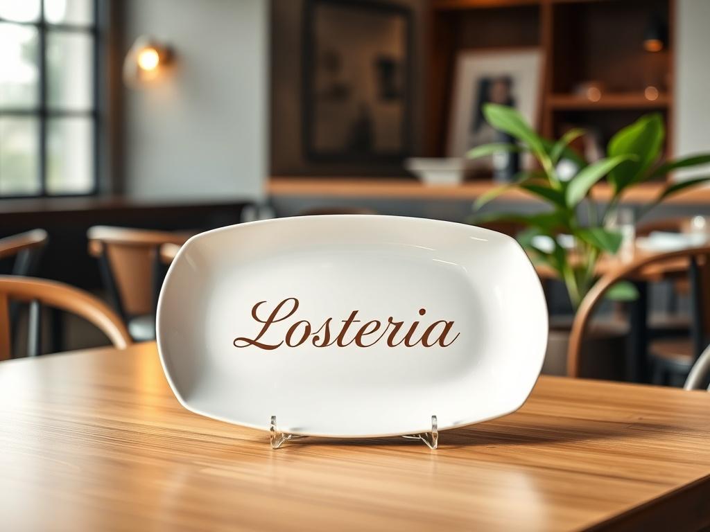 A customized ceramic plate displayed elegantly on a wooden table in a restaurant setting. The plate is white with a subtle glossy finish, featuring the word 'Losteria' elegantly engraved in a stylish font at the center. The background includes soft, warm lighting and minimalistic decor that enhances the dining experience, with a hint of greenery from a nearby plant to create an inviting atmosphere.