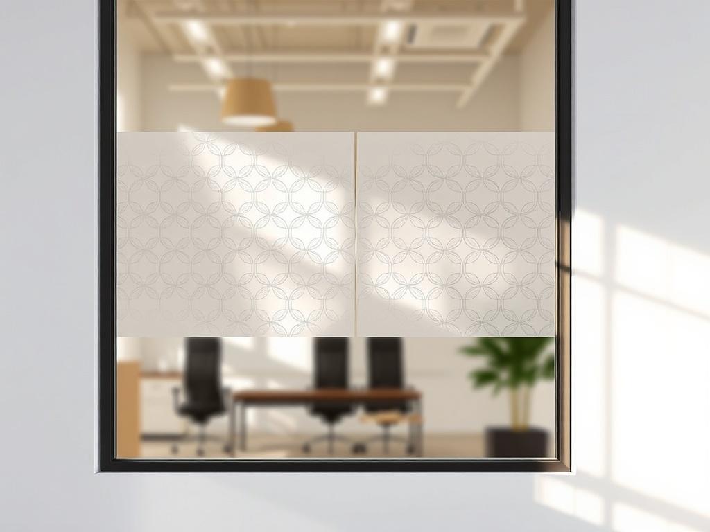 A realistic high-resolution photo of an office window featuring adhesive vinyl applied to it. The window displays a sleek and modern design with minimalistic elements. The adhesive vinyl showcases an elegant pattern that complements the clean lines of the office space. The background is softly blurred to emphasize the window and the vinyl design, creating a professional ambiance. Natural light streams through the window, enhancing the overall aesthetic.