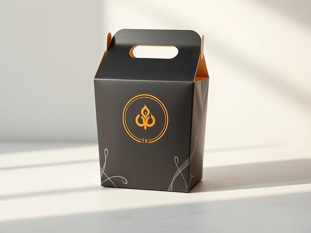 Create a realistic high-resolution photo of a stylish restaurant to-go box featuring a unique design. The box should be placed on a simple, clean surface with a minimalistic background that enhances its elegance. The design on the box should reflect a sophisticated branding theme, incorporating the colors and logo of the restaurant. The focus should be on the box itself, showcasing its quality materials and intricate details, with soft lighting to create a warm and inviting atmosphere.