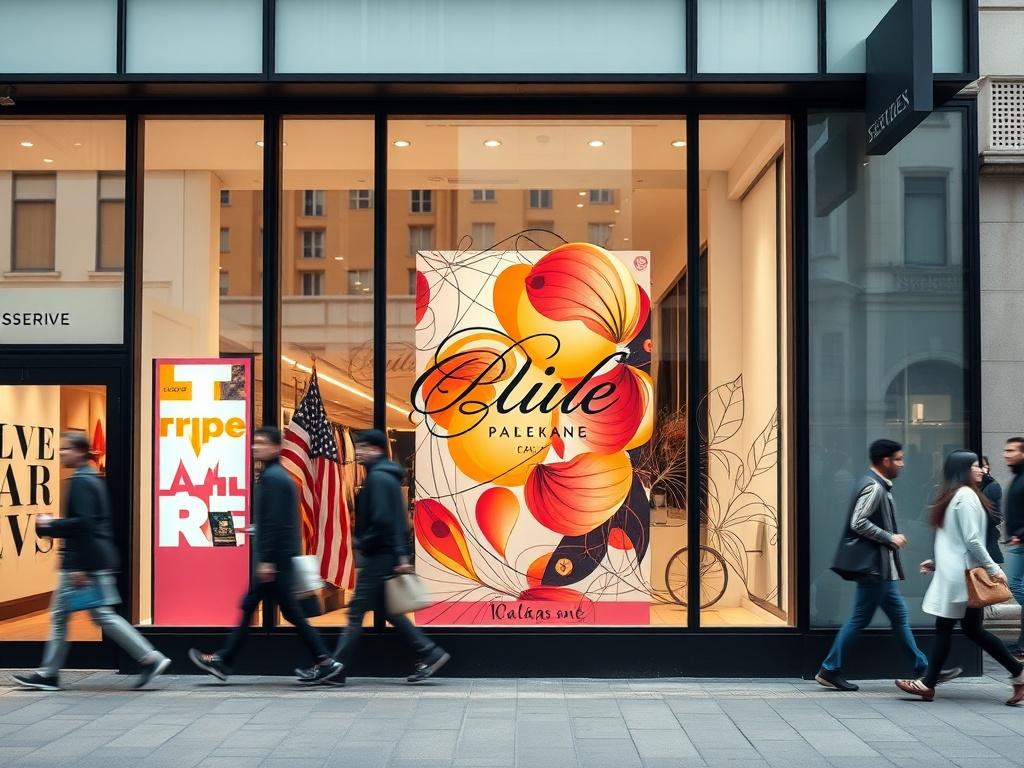 A realistic high-resolution photo of a retail store window featuring an elegant adhesive vinyl display. The image captures a complete view of the store's exterior, showcasing the windows adorned with vibrant graphics that represent the brand's identity. The background should be a bustling urban street, with people passing by, highlighting the store's inviting atmosphere. The composition focuses on the window display, ensuring clarity and detail in the adhesive vinyl design, shot with a 45mm f/1.2 lens for d