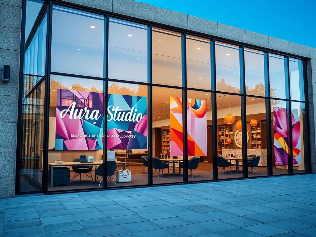 A corporate office building with large windows featuring vibrant vinyl graphics showcasing a creative branding theme. The office should be modern and inviting, with a clear view into the interior, emphasizing a workspace filled with design elements and samples of bespoke tableware. The exterior should be well-lit, highlighting the colorful vinyls that reflect the elegance and creativity of Aura Studio. The background should be a clear blue sky, giving a bright and professional atmosphere.