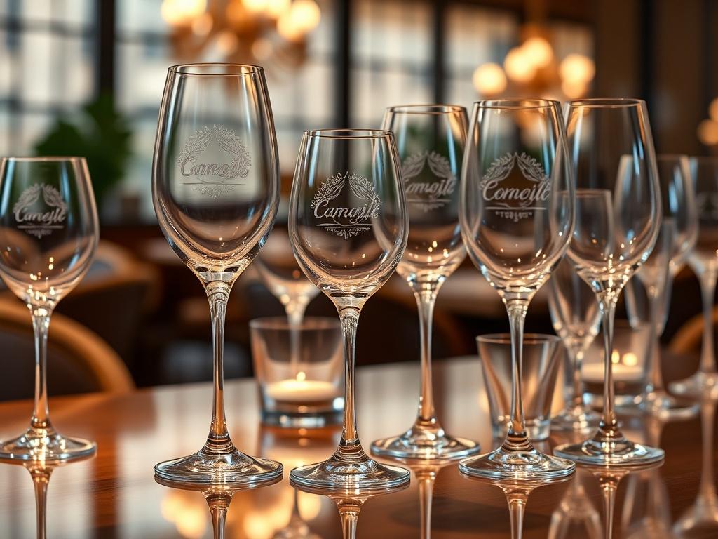 An elegant collection of personalized glassware displayed on a polished