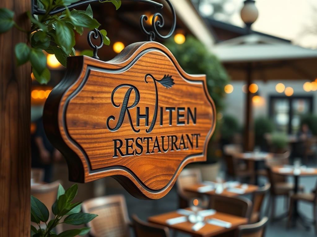 A hyper-realistic close-up shot of a beautifully crafted wooden sign for a restaurant. The sign features an elegant, engraved logo and a warm, inviting finish. The background is softly blurred, showcasing a cozy outdoor dining area with ambient lighting. The colors are rich and natural, highlighting the texture of the wood. The image is shot with a 45mm f/1.2 lens to emphasize the details of the sign.