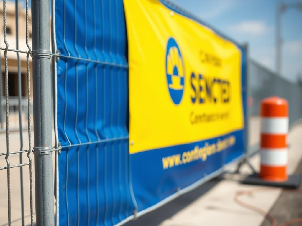 A close-up shot of a beautifully designed construction fence banner showcasing vibrant colors and engaging graphics. The banner should display a clear, bold logo and relevant information about the construction project, set against a clean background that emphasizes the banner's details. The focus should be on the texture and quality of the material, reflecting premium craftsmanship. The overall composition should be simple and clear, highlighting the banner as the only subject.