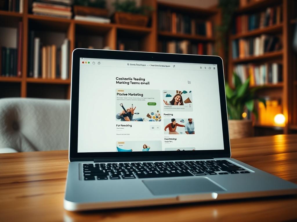 A close-up shot of a laptop on a wooden desk with an open email marketing platform on the screen, showcasing a visually appealing email template. The background features a cozy reading nook with a bookshelf and a warm light source, creating an inviting atmosphere. The color scheme should harmonize with the #136A5C primary color.