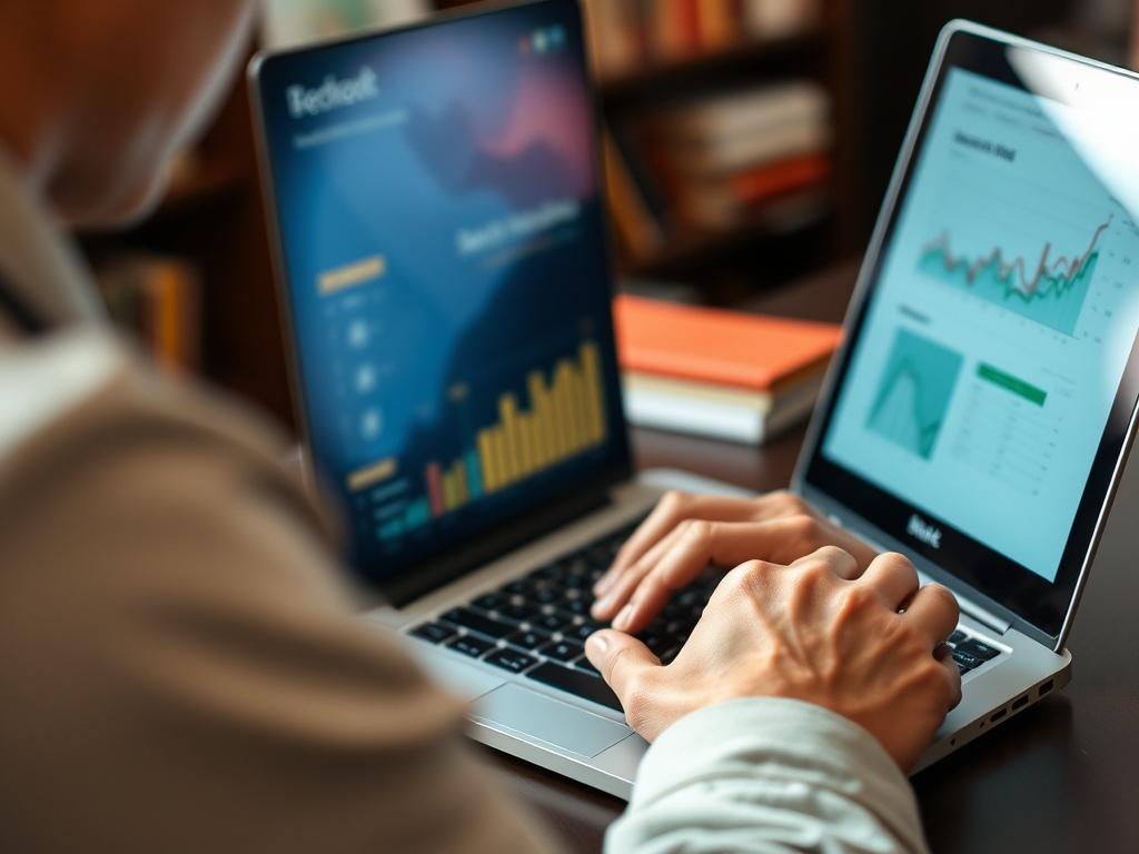 A close-up shot of a person using a laptop to manage book advertising campaigns. The screen displays graphs and ad metrics. The background is softly blurred to emphasize the laptop and the person's focused expression. The scene is shot with a 45mm f/1.2 lens style, showcasing the subject clearly and with high resolution, compatible with the #136A5C primary color.