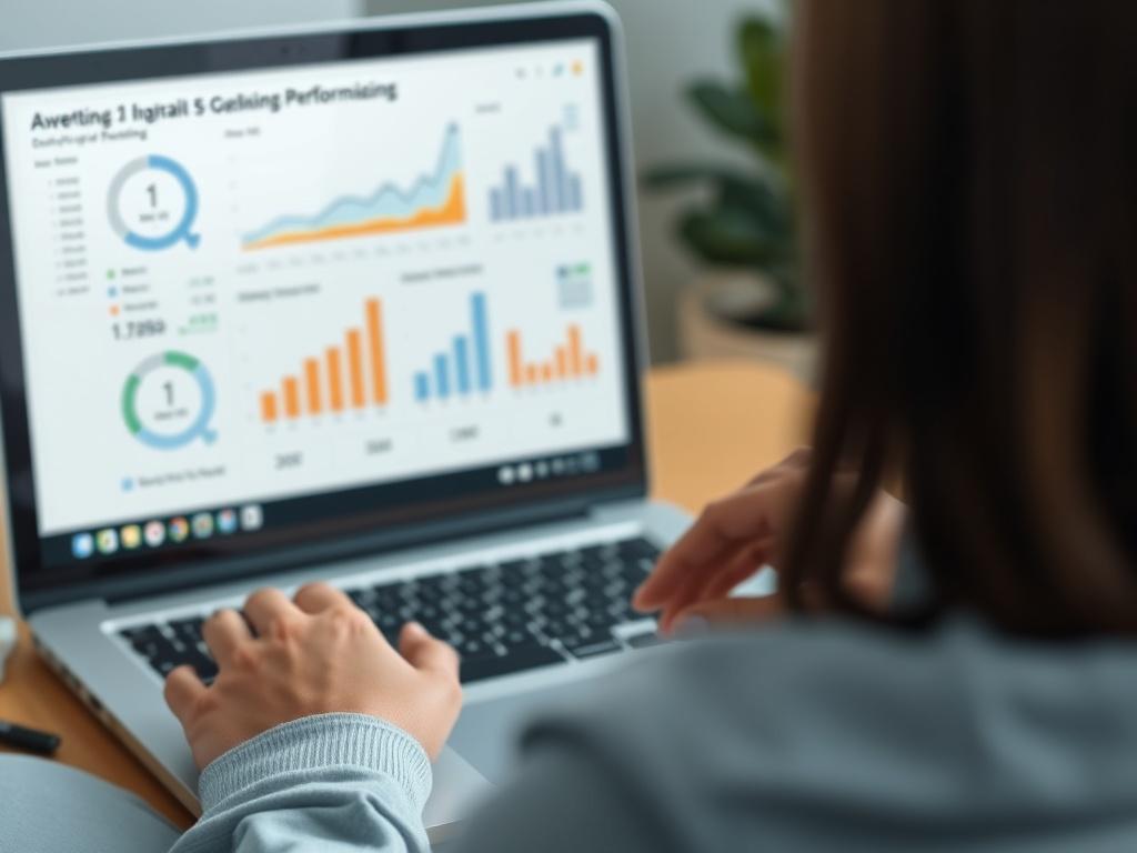 A realistic high-resolution close-up shot of a digital marketing professional analyzing advertising performance data on a laptop. The focus is on the screen displaying graphs and metrics related to online book advertising. The background is softly blurred to emphasize the subject, and the overall color scheme complements the #136A5C primary color.