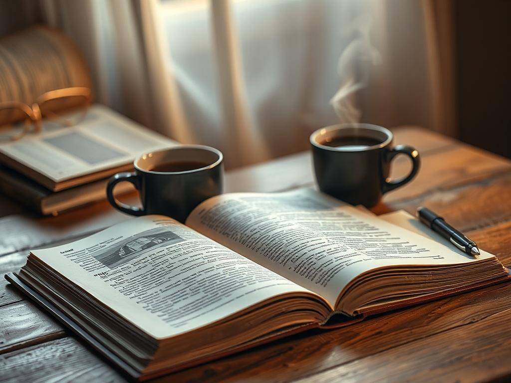 A close-up shot of an open book on a wooden table with a steaming cup of coffee beside it. The book has a visible cover with a captivating design, and a notepad with a pen is placed next to it. The background is softly blurred, showcasing a cozy reading nook with warm lighting. The color scheme incorporates shades of #136A5C, emphasizing a tranquil reading environment.