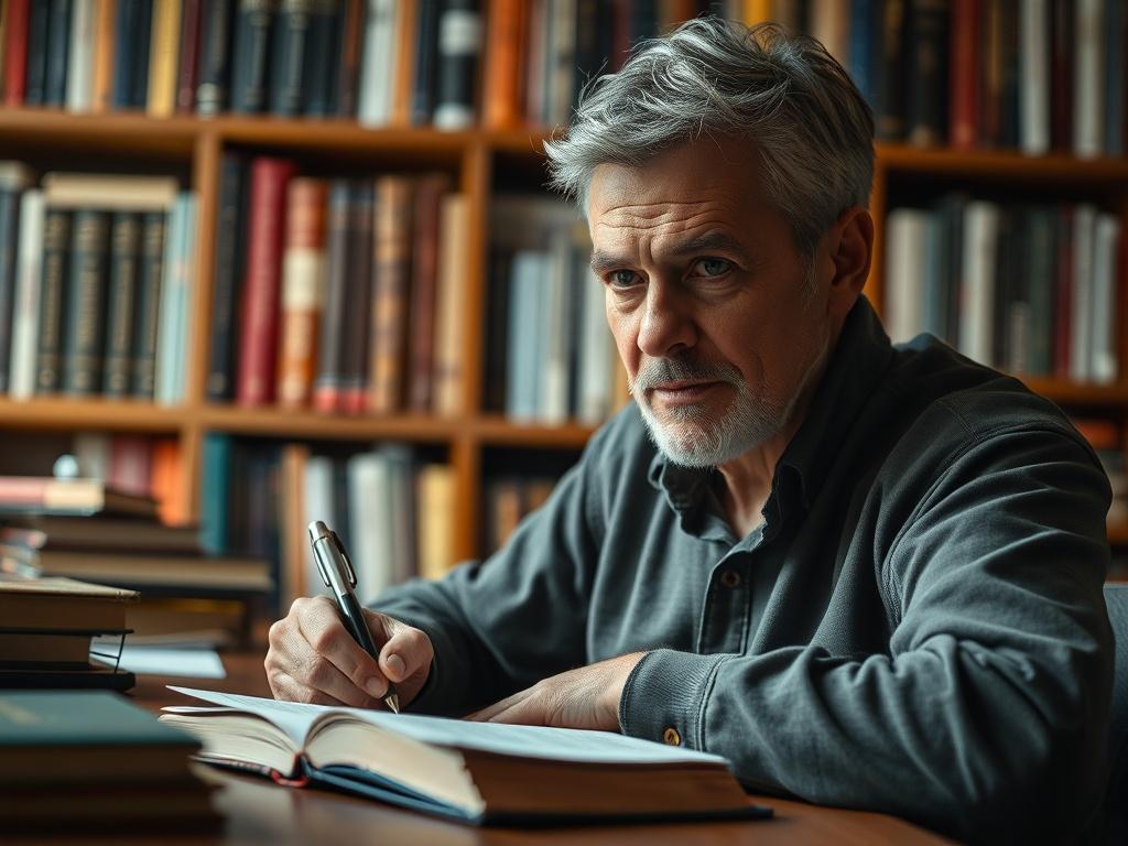 A close-up portrait of an author thoughtfully working at a desk, surrounded by books and notes, with a warm and inviting atmosphere. The author, a middle-aged individual with a focused expression, is writing in a notebook. The background features a bookshelf filled with various genres, softly blurred to emphasize the author in the foreground. The lighting is soft and natural, highlighting the author's features and creating an inspiring mood. The color scheme includes shades of #136A5C.