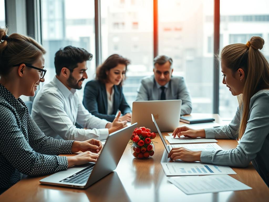 A team of marketing professionals collaborating at a conference table,