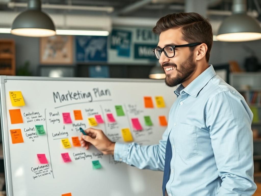 A dynamic strategist at a whiteboard, mapping out a marketing