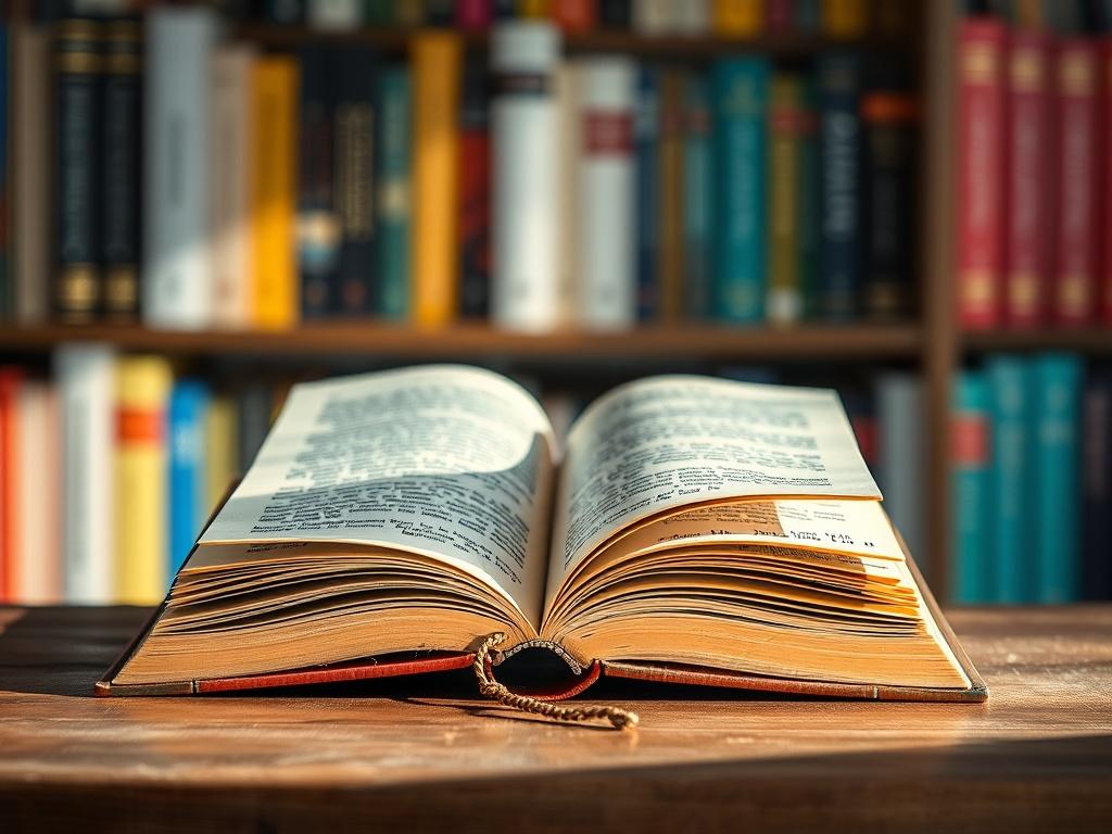 A close-up shot of an open book on a wooden table, with a vibrant background of blurred book spines on a shelf. The focus is on the pages of the book, showcasing text and illustrations. Soft natural light illuminates the scene, enhancing the rich colors of the book cover and the texture of the wooden surface. The composition is simple and clear, emphasizing the book as the main subject.