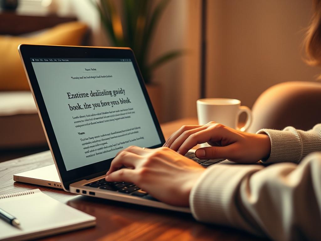 A close-up shot of a person typing on a laptop in a cozy, well-lit environment. The focus is on their hands as they type promotional content for a book, with a notepad and coffee cup in the background. The lighting is warm and inviting, emphasizing creativity and productivity. The overall feel is professional and engaging.