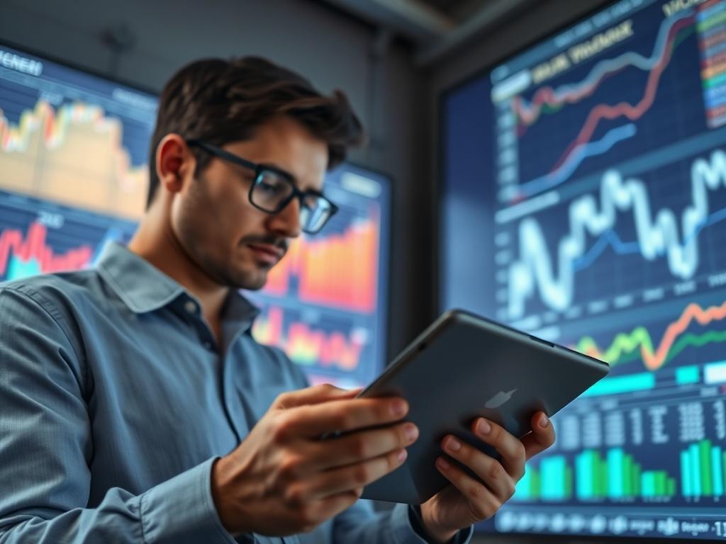 A close-up shot of a market analyst reviewing data on a tablet, with graphs and market trends projected on a wall in the background. The analyst appears focused and analytical, surrounded by charts and data visuals, emphasizing a professional environment dedicated to thorough market analysis.