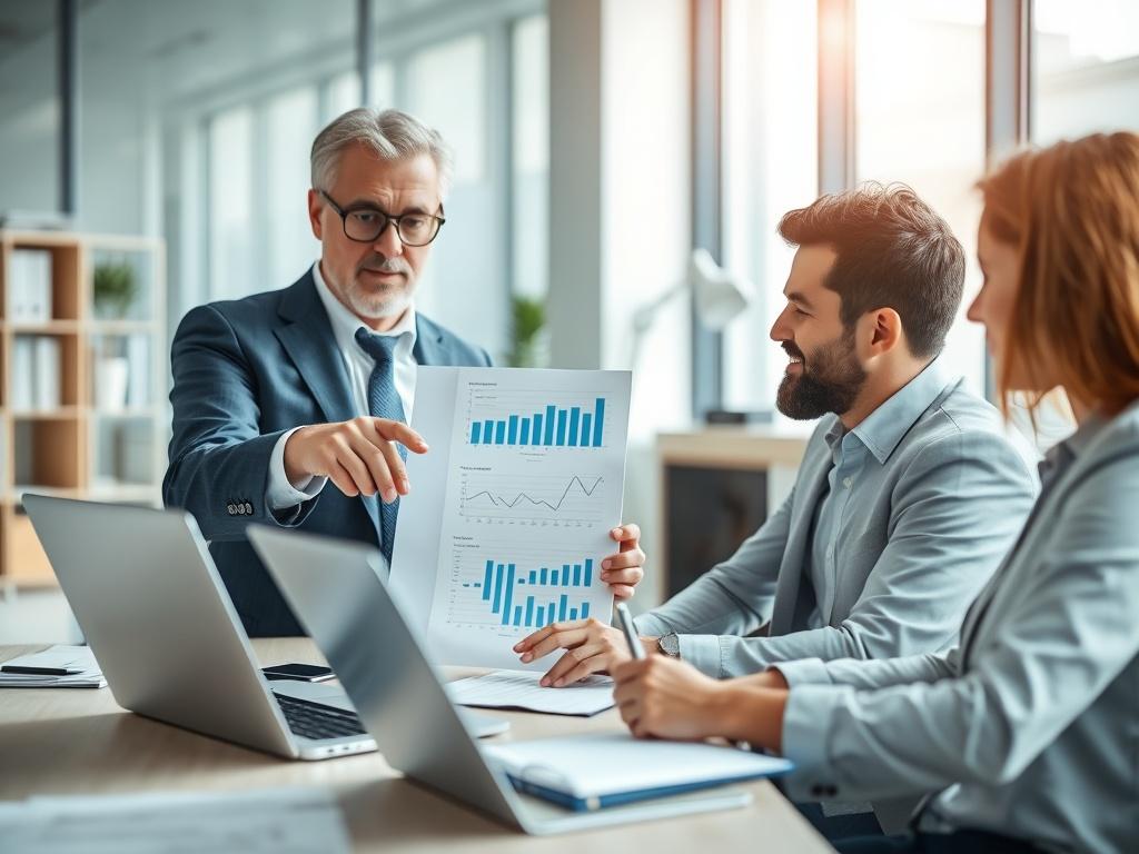 A close-up shot of a professional consultant discussing business strategies with a client in a modern office setting, showcasing charts and graphs on a laptop. The consultant is pointing to a chart, while the client is taking notes, both appearing engaged and focused. The background is bright and organized, emphasizing a productive atmosphere.