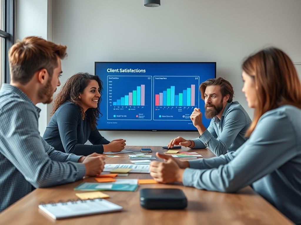 A close-up shot of a diverse team engaging in a brainstorming session around a table with client satisfaction metrics displayed on a screen in the background. Team members are actively discussing and sharing ideas, with sticky notes and charts around them, showcasing a collaborative environment focused on client success.
