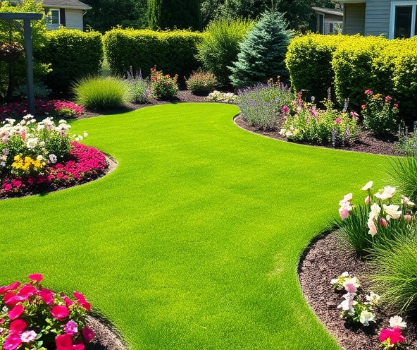Well-maintained residential lawn with colorful flower beds and tidy garden borders