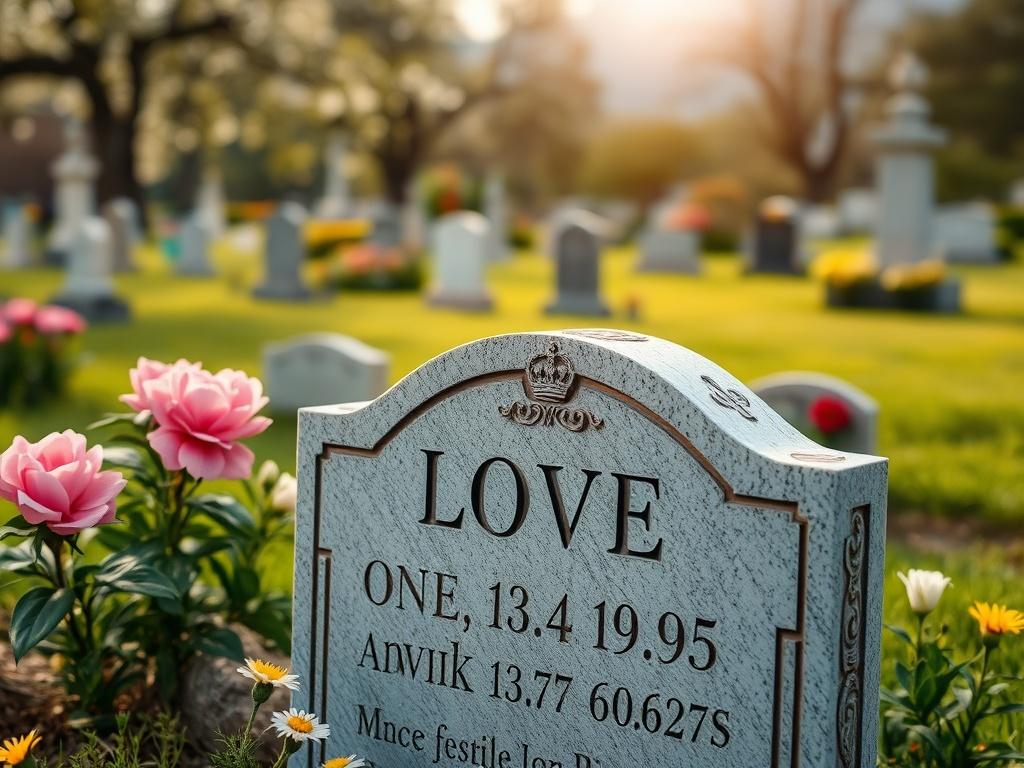 A close up shot of a tranquil cemetery with blooming
