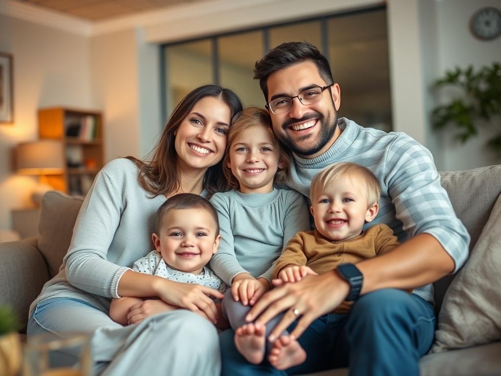 A close up shot of a smiling family sitting together