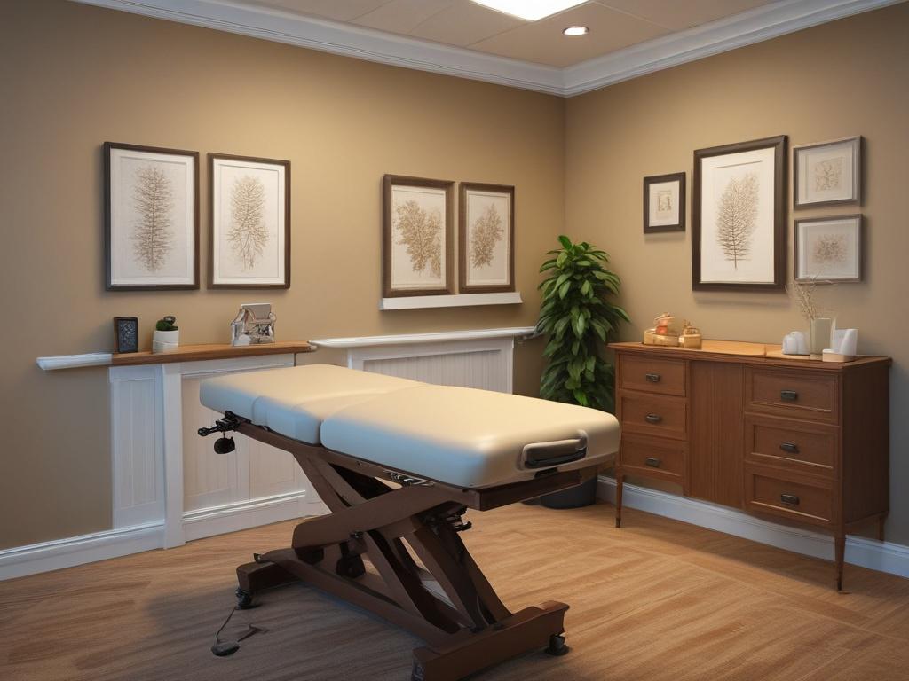 A cozy chiropractic office setting with soft golden hues and