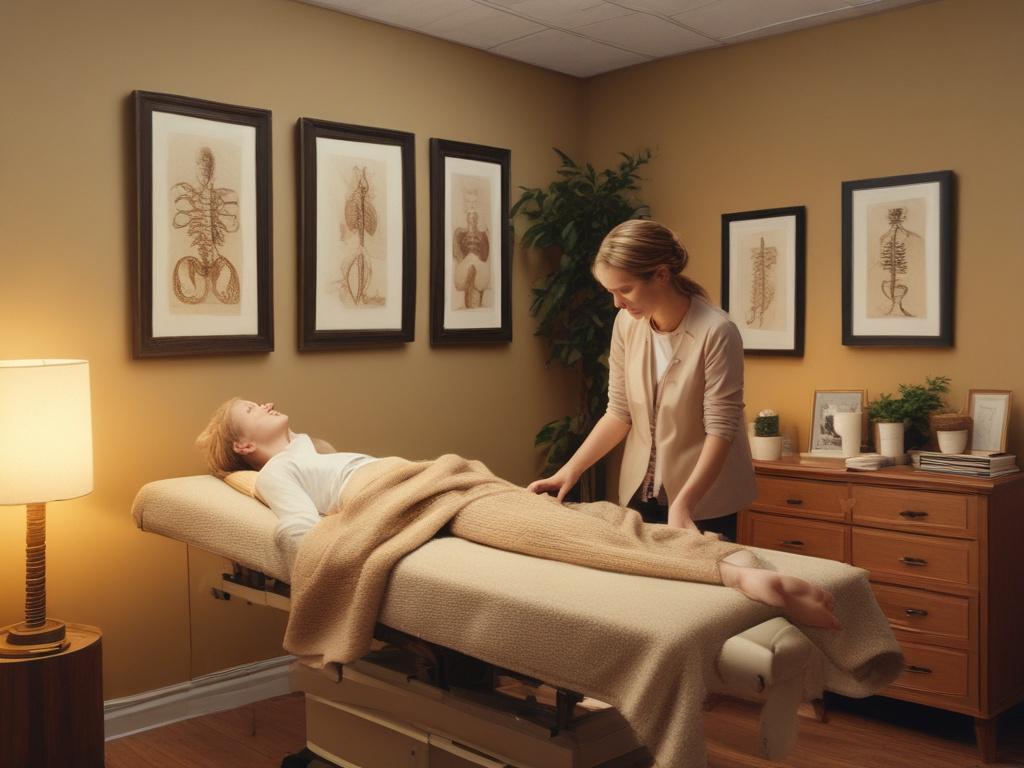 A warm and inviting chiropractic office scene featuring a compassionate chiropractor assisting a patient on an adjustment table. The room is softly lit with golden hues, showcasing a serene atmosphere. The background includes subtle decorations reflecting a cozy, home-like environment, such as plants and comfortable seating.