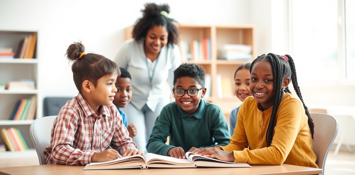Primary school children receiving one-to-one tutoring support in a calm, bright learning environment