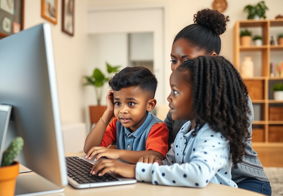 Primary school child attending confident online tutoring session from home with supportive adult nearby in safe environment