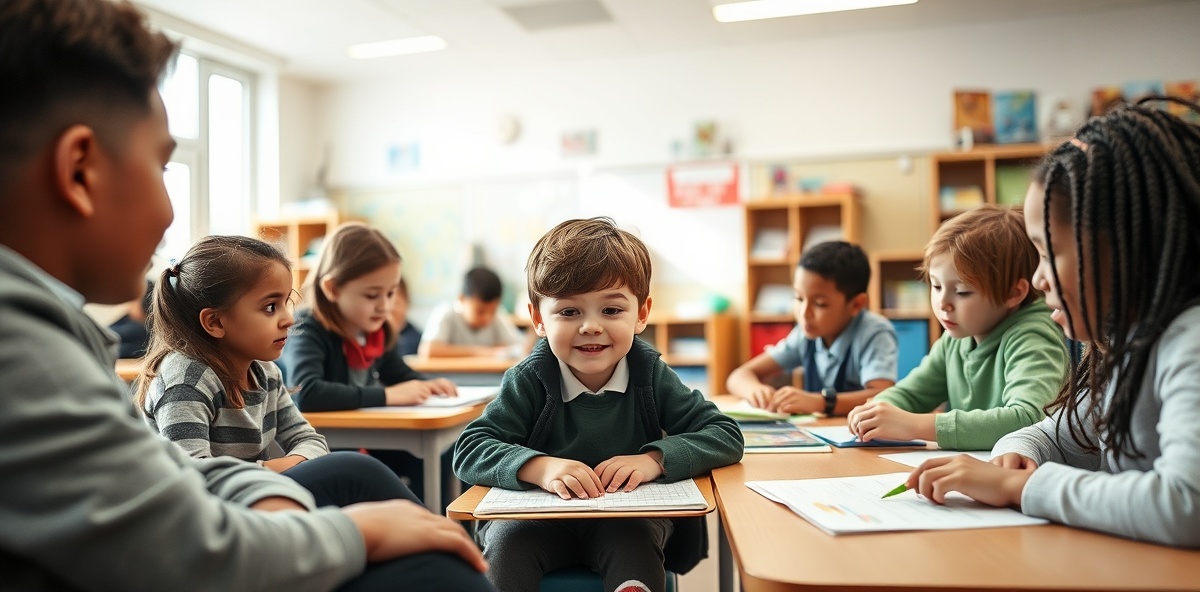 Inclusive primary classroom with diverse learners engaged in collaborative learning activities