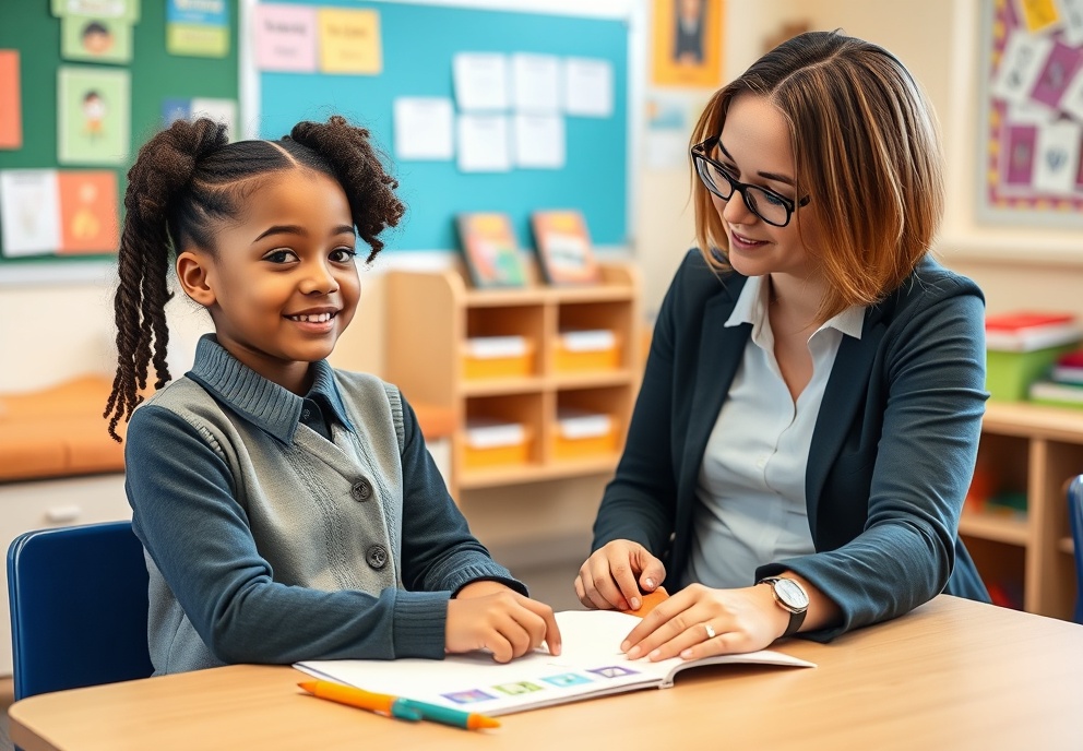 Young primary learner with SEND receiving specialist one-to-one support with visual learning aids and communication tools