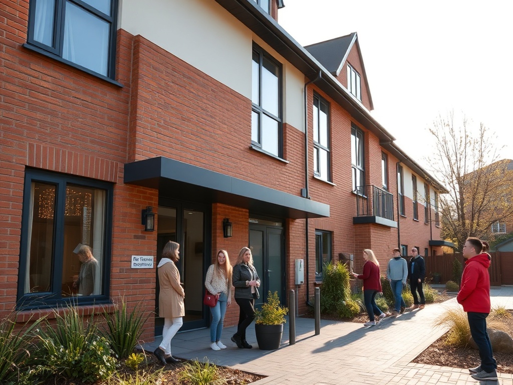 Safe, welcoming supported accommodation building with diverse young people and support workers