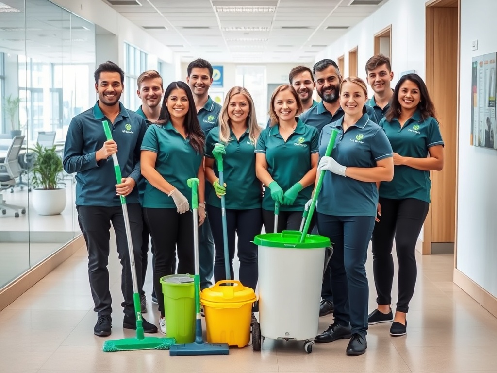 Professional cleaning team with modern equipment in office environment