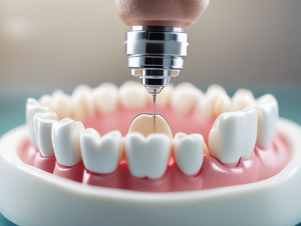 close up of dental crown placement, dentist applying crown on
