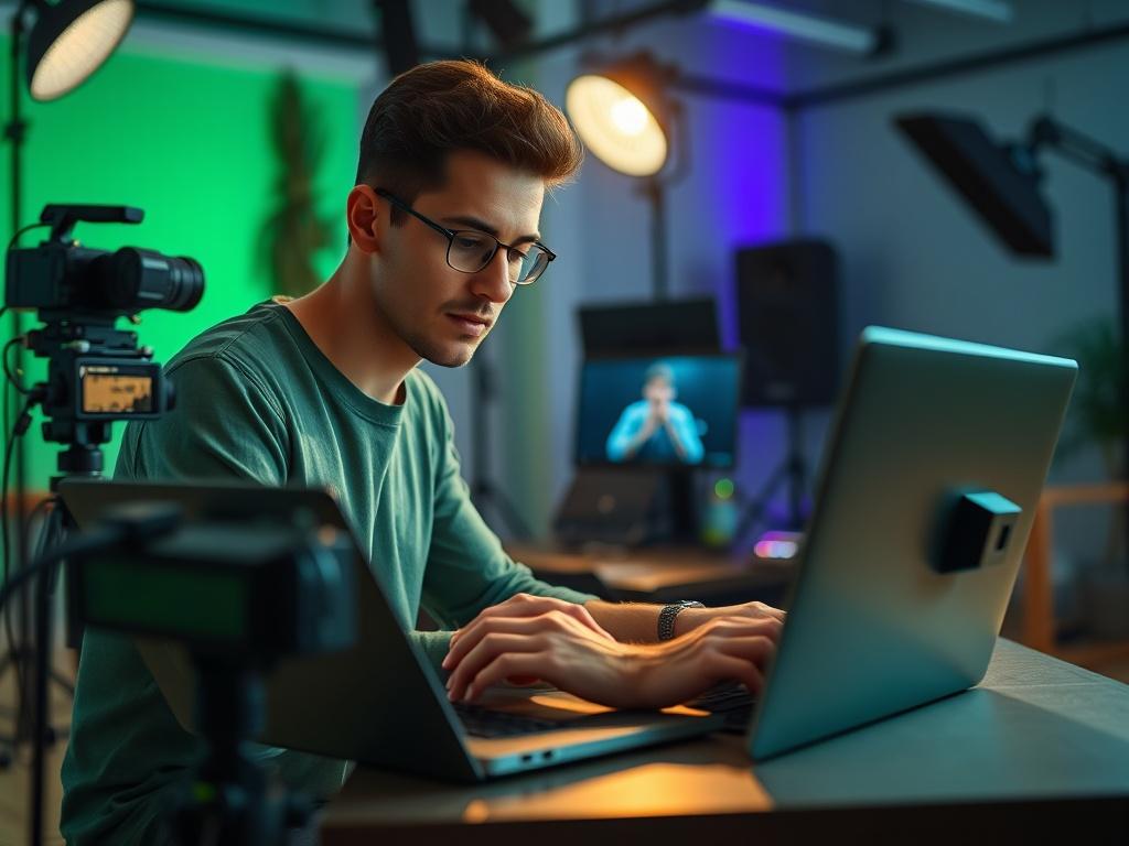 A close-up shot of a filmmaker working on a laptop in a modern studio, editing a book promo video. The workspace is filled with high-tech equipment, such as a camera and lighting gear. The individual's focused expression conveys creativity and dedication, while the background is softly blurred to keep the emphasis on the subject. The color scheme features shades of green, matching the rgb(50, 170, 39) primary color, creating a harmonious and engaging atmosphere.