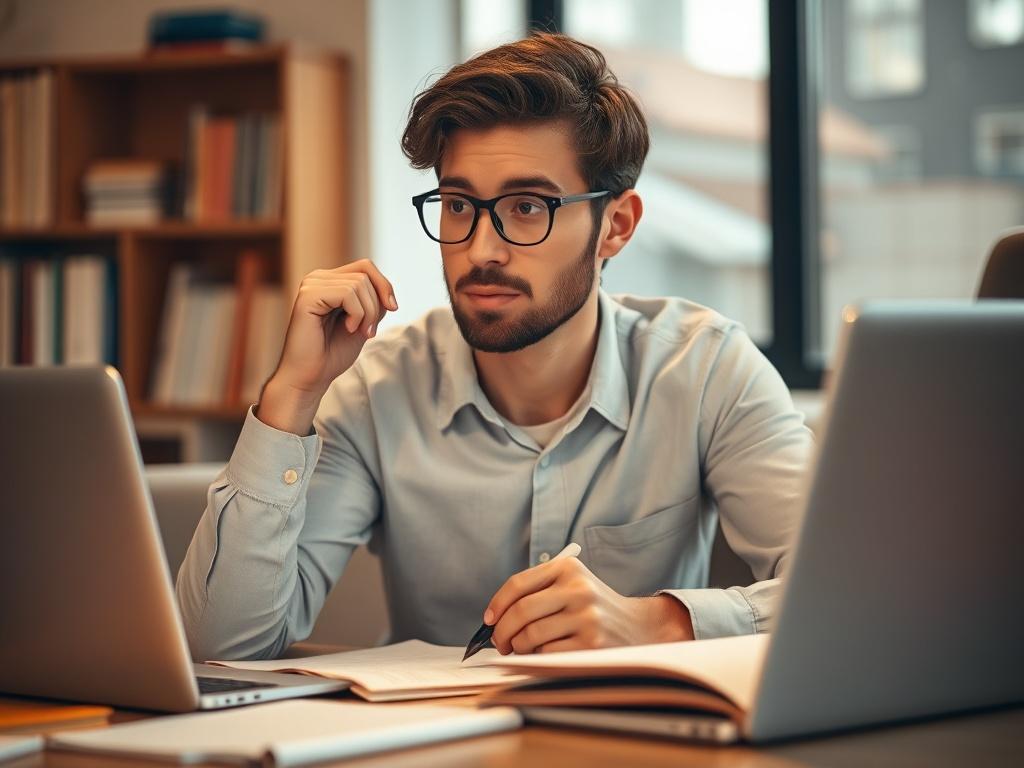 A close up shot of a thoughtful author brainstorming a