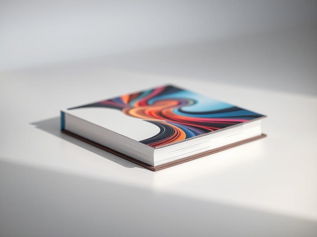 A hyper-realistic 3D mockup of a book cover displayed on a clean, minimalistic background. The book should be a hardcover with a glossy finish, showcasing vibrant colors and intricate details of the cover design. The lighting should create soft shadows to enhance the depth and realism of the mockup. The focus should be on the book, with a shallow depth of field effect to blur the background subtly, ensuring that the book is the central subject of the image.