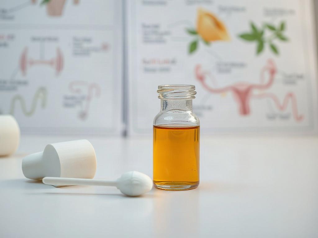**AI Image Generation Prompt:**

Create a realistic high-resolution image featuring a single, gently lit still life composition on a clean white surface. The main subject should be a small clear glass vial filled with a luminous golden liquid, symbolizing medication for treating infections. To the side of the vial, place a fresh white cotton medical swab, which suggests the diagnostic aspect of testing for infections. In the background, slightly out of focus, include a blurred image of a medical chart or di