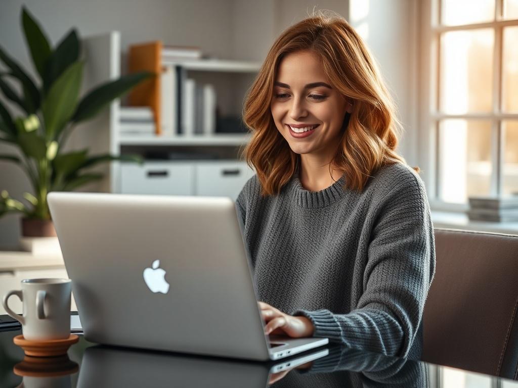 Create a realistic high-resolution photo featuring a young adult woman, around 30 years old, sitting comfortably at a stylish desk in a modern home office. She should be depicted as engaging with her laptop, smiling gently as she discusses a telehealth consultation with her doctor. The woman should have shoulder-length wavy hair, wearing a cozy sweater to convey a relaxed atmosphere. 

The background should showcase a well-organized workspace with a potted plant, a coffee mug, and neatly stacked books, emph