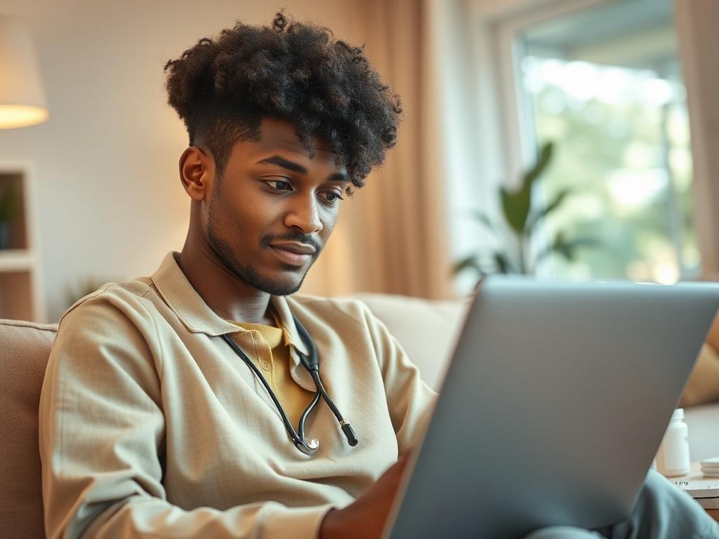 **Prompt for AI Image Generation:**

Create a realistic high-resolution photo featuring a close-up of a diverse person in their mid-30s, sitting comfortably in a well-lit home environment, engaging in a telehealth consultation. The person is looking attentively at a laptop screen, appearing focused and relieved while discussing their health concerns. 

In the foreground, the subject should be framed prominently, showcasing clear facial expressions that convey a sense of ease and trust in the online doctor. 