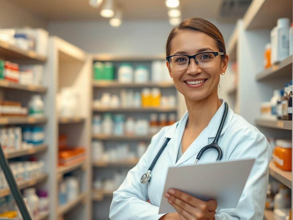 Create a realistic high-resolution photo that captures the essence of convenience in healthcare. The image should feature a close-up shot of a confident healthcare professional, such as a pharmacist or doctor, smiling warmly while holding a prescription pad in one hand. The subject should be positioned slightly off-center to the right, allowing for a natural and approachable composition. 

In the background, showcase a contemporary pharmacy or medical office environment, with well-organized shelves stocked 