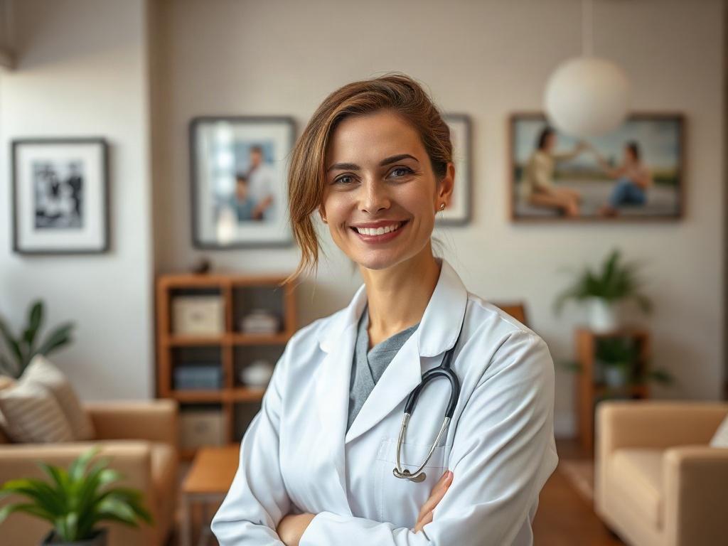 Create a realistic high-resolution photo that captures the essence of a Family Medicine Practice. The image should feature a warm and inviting doctor's office setting as the background, with comfortable seating, framed family photos, and a welcoming atmosphere. The main subject should be a friendly and approachable family physician, a person in their mid-30s to mid-40s, wearing a white lab coat, smiling confidently as they engage with the viewer. Their expression should convey warmth and trustworthiness, re