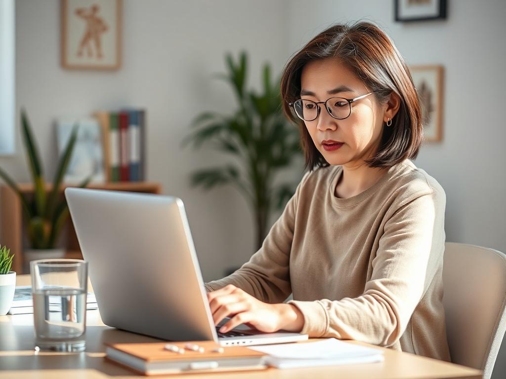 **Prompt for AI Image Generator:**

Create a hyper-realistic high-resolution photo featuring a single, well-lit, close-up shot of a concerned individual sitting at a desk while using a laptop. The individual should be a middle-aged Asian woman, dressed casually, with a focused expression as she navigates an online pharmacy website. Her surroundings should include a clean, minimalist workspace with a few health-related books and a glass of water nearby, hinting at the topic of health and medication.

In the 
